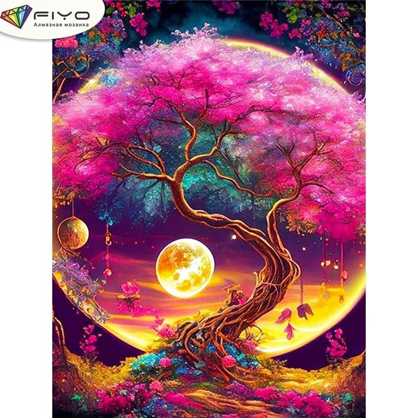 FIYO Tree and Moon DIY 5D Diamond Painting Full Drill with Number Kits Home and Kitchen Fashion Mosaic Diamond Painting Canvas Wall Decoration Gift C