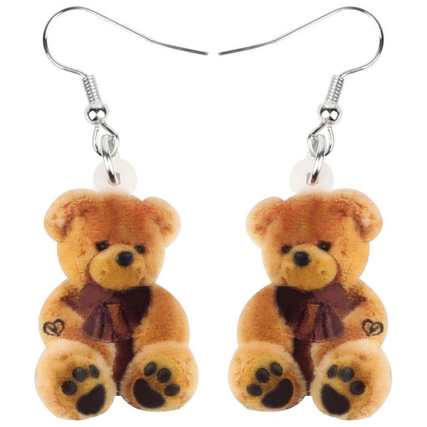 Acrylic Sitting Brown Plush Bear Bow-knot Earrings Dangle Drop Long Sweet Doll Jewelry for Women Girls Kids Funny Gift Charms Decoration