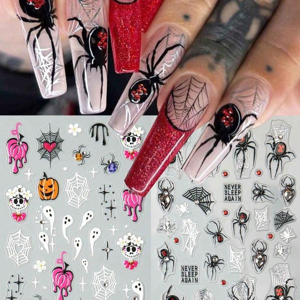 3D Halloween Pumpkin Nails Sticker Spider Ghost With Diomond Y2K Style Self-Adhesive Manicure Sliders Decals DIY Nail Charms Nail Supplies