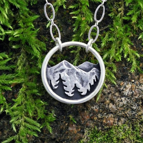 Vintage argent montagnes alpines et pins cercle pendentif collier femmes femme charme colliers bijoux de mode cadeau