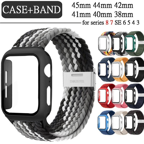 Tempered Glass Case Nylon Elastic Strap for Apple Watch 8 6 SE 7 45mm 41mm 44mm 40mm 38mm 42mm Screen protector Cover Sport Band Bracelet for iwatch