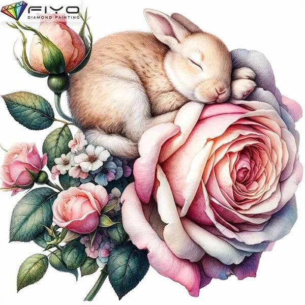 FIYO Flower Bunny DIY 5D Diamond Painting Full Drill with Number Kits Home and Kitchen Fashion Mosaic Diamond Painting Canvas Wall Decoration Gift Cr