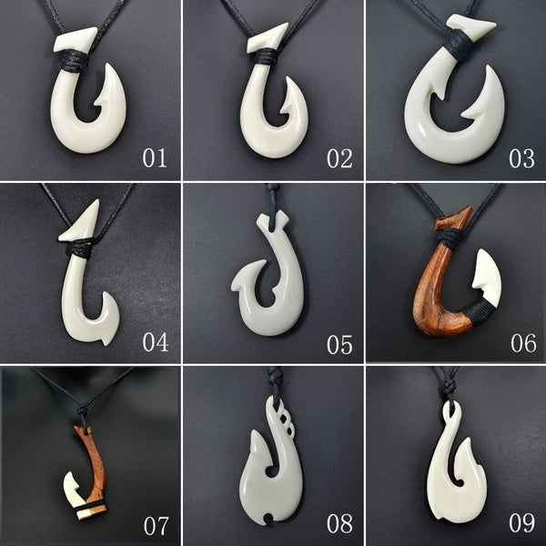 1 PC Hawaï Surfer Bijoux Faits À La Main Sculpté Yak Os Poisson Crochet Pendentif Nouvelle-Zélande Maori Tribal Choker Collier Pour Hommes