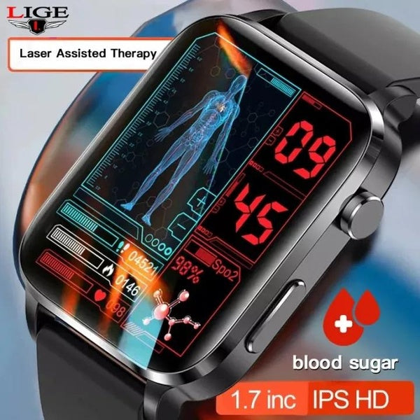 2023 nouvelle montre intelligente de glycémie non invasive hommes traitement au laser santé pression artérielle sport smartwatch femmes glucomètre mo