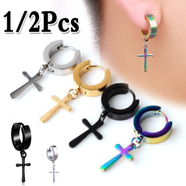 Nouvelles boucles d'oreilles croix boucles d'oreilles pendantes en acier inoxydable titane acier boucles d'oreilles croix pour hommes et femmes