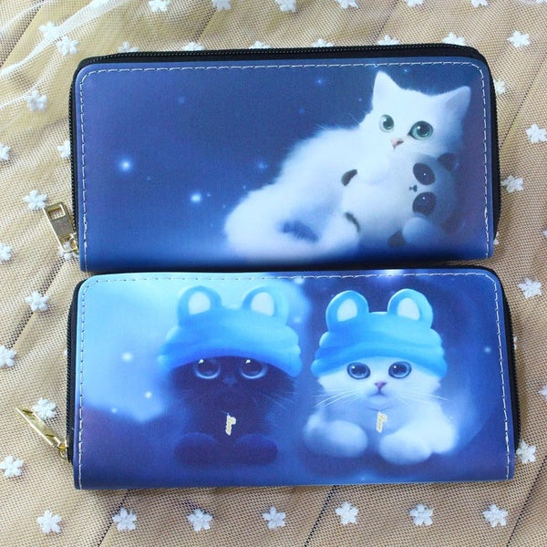 Bleu chat impression 3 D effet mignon chat portefeuilles femmes sacs à main dames embrayage changement porte-monnaie femme carte sac d'argent PU cuir