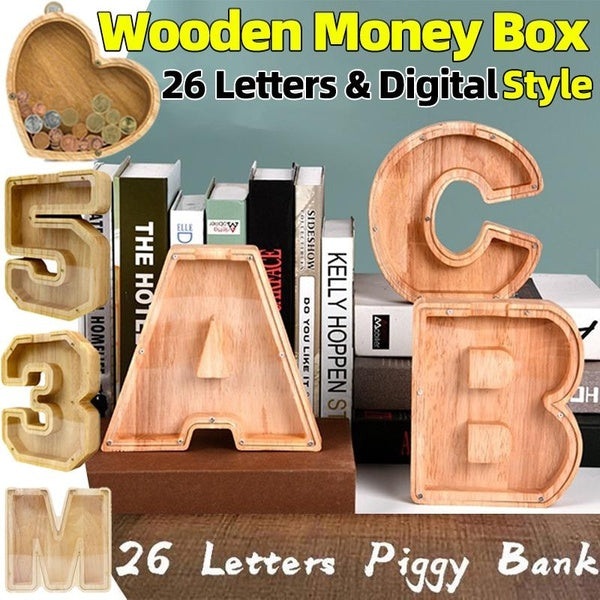 Tirelire en bois de qualité supérieure, 26 lettres et tirelire numérique avec autocollants design, boîte de rangement personnalisée pour pièces de mo