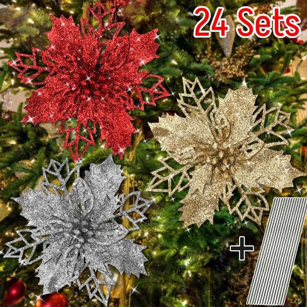 24 Sets Christmas Glitter Poinsettia Flowers Silk Flowers Christmas Tree Ornaments Xmas Wreath Garland Holiday Home Party Decor