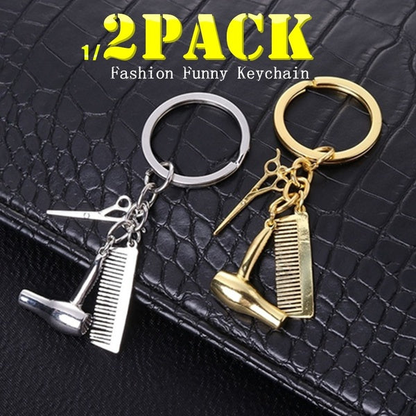 1PCS-2PCS New Personality Hair Dryer Combs Scissors Pendant Keychain Hairdressing Tools Hair Stylist Scissor Blow Salon Creative Gift