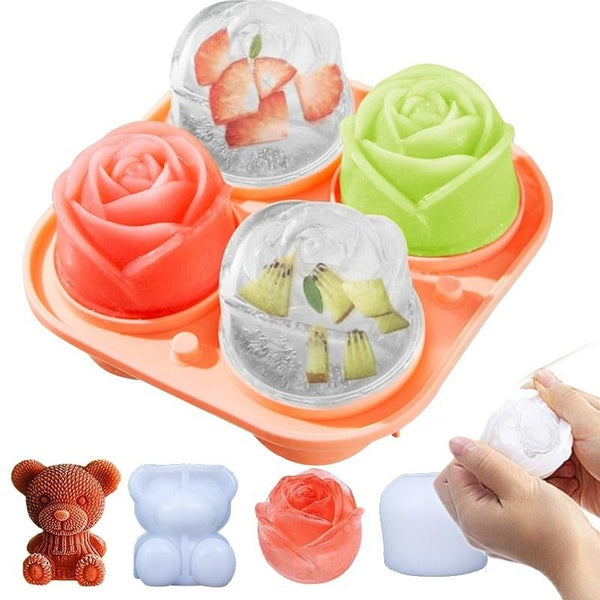 3D Ice Cube Maker Bear Rose Flower Shape Chocolate Cake Mould Ice Cream DIY Tool Whiskey Wine Cocktail Cold Drink Silicone Mold