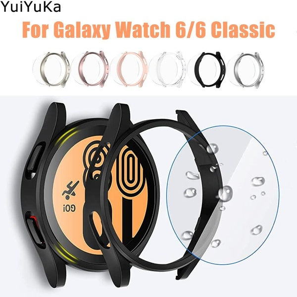 YuiYuKa Tempered Glass with PC Case for Samsung Galaxy Watch 6 40mm 44mm for Galaxy Watch 6 Classic 43mm 47mm ，Screen Protector Film Frame Protective