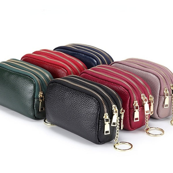 Femmes sac en cuir véritable porte-monnaie Double fermeture éclair clé portefeuilles mode femmes gouvernante carte clé