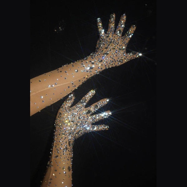 Fashion Crystals Women Stage Performance Accessories Showgirl Jazz Dance Glitter Gloves Rhinestones Nightclub Dj Gloves