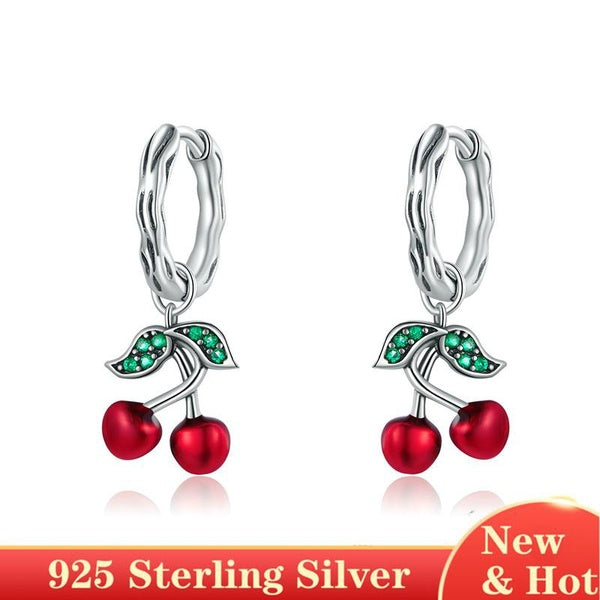 Boucles d'oreilles chic en émail rouge cerise Boucles d'oreilles pendantes en argent sterling 925 Zircon Cadeau pour femme européenne