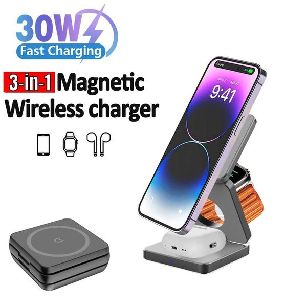 1Pc 30W 3 In 1 Magnetic Wireless Charger Stand Pad for iPone 15 14 13 12 Pro Max Airpods Pro iWatch 8 7 6 Fast Charging Dock Station