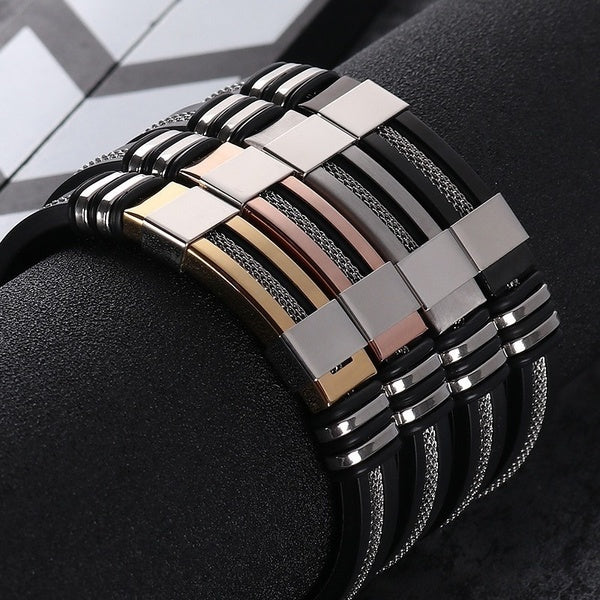 Stainless Steel Silicone Black Bracelet Men WristBand Punk Style New Design Men Bracelet Simple Rubber Charm Pulsera Hombre