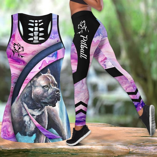 Pitbull Dog Pattern Hip Lifting Scrunch Pants- Capris +Women Hipster Hollow Back Gym Tank Tops 2PCS Punk Backless Jogging Vests ccVest Set Punk Clubw