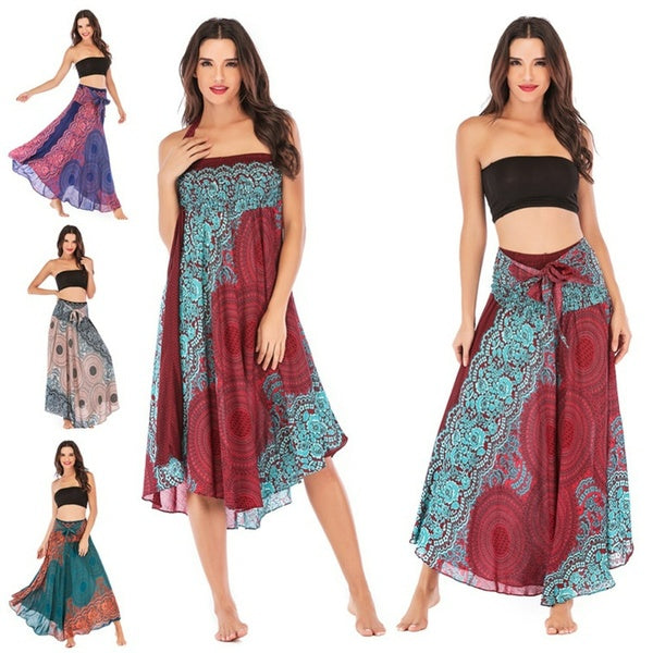 Deux Façons De Porter Tube Top Robe Femmes D'été Robe D'été Bohème Imprimé Maxi Jupes Casual Élastique Taille Haute Vestidos Jupe Femme Floral À Vola