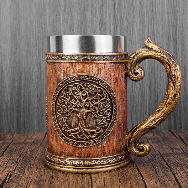 Norse Tree of Life Viking Mug Resin & Stainless Steel Beer Cup Celtic Tree Mug Halloween Gift 600ml