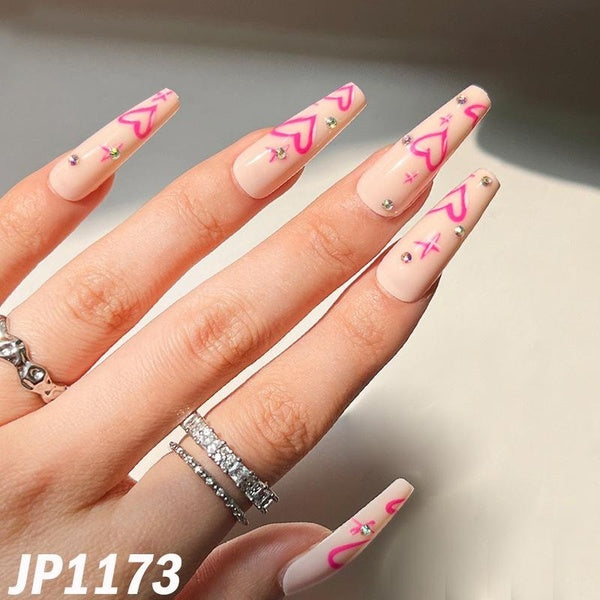 Naked Pink Love Heart Rhinestone Long Ballerina Nails Summer Green Butterfly Patterned Press On Nails White Flames Fake Nails With Glue for Ladies