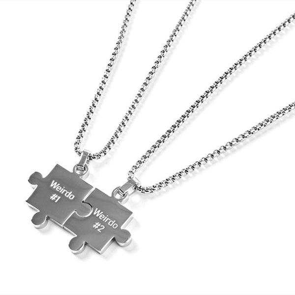 Weirdo #1+Weirdo #2 Silver Jigsaw Puzzle Pendants Couple Necklaces Stainless Titanium Steel Women Men Fashion Simple Style Necklace Valentines Lovers