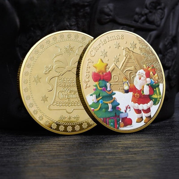 Creative Christmas Commemorative Coin Golden- Silver Painted Metal Badge Gift Collection