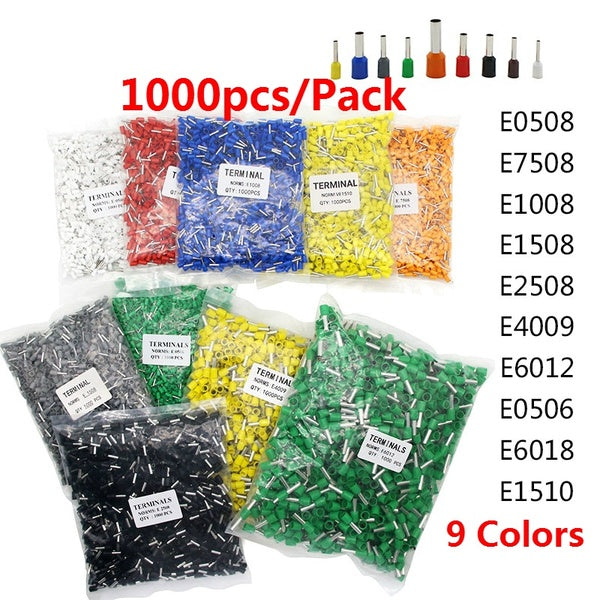 1000pcs-Pack E0508 E7508 E1008 E1508 E2508 Insulated Ferrules Terminal Block Cord End Wire Connector Electrical Crimp Terminator