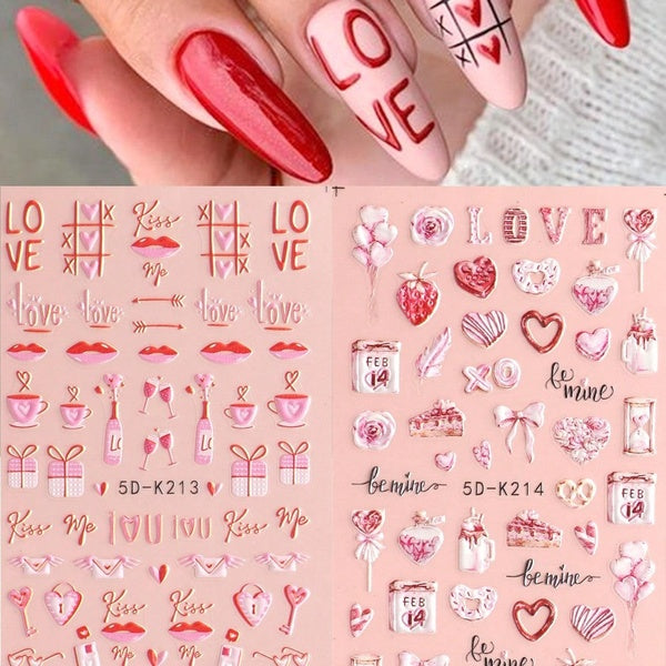 1Pcs Heart Letters 5D Nail Stickers Sweet Dessert Valentine's Day Gifts Sliders Embossed Nail Art Decals Decoration DIY Manicure Supplies