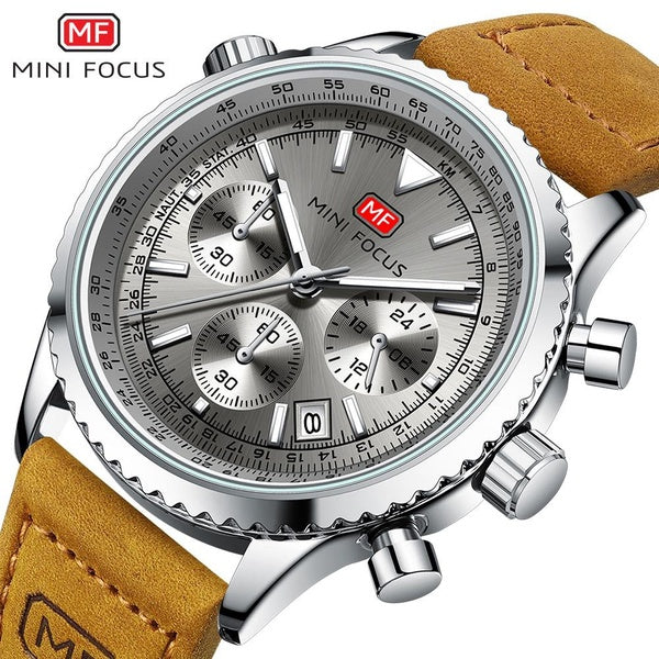 MINI FOCUS mode hommes montre à Quartz de luxe bracelet en cuir marron étanche chronographe horloge mâle multifonction lumineux montres-bracelets