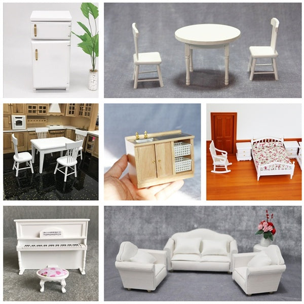 Wooden Dollhouse Furniture Miniatures Scene Mini Dinning Table Chairs Kitchen Refrigerator Bed Sofa Cabinet Kids Toy