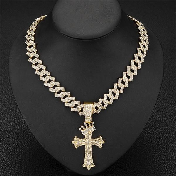 Hip Hop Punk Luxury Rhinestone Crown Cross Pendant Necklace for Women Men15mm Iced Out Cuban Link Cuban Chain Necklace Charm Jewelry Accessories Fas Matron Inn
