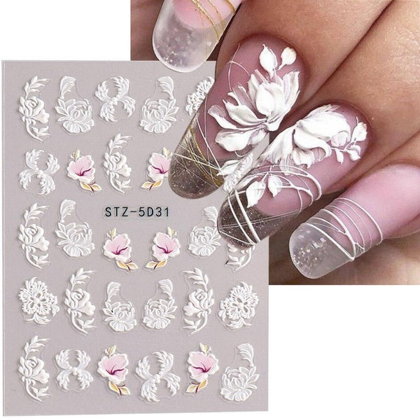 5D White Embossed Flower Nail Sticker Summer Engraved Butterfly Line Glue Slider Decal Manicure Decoration Decor NFSTZ-5D037