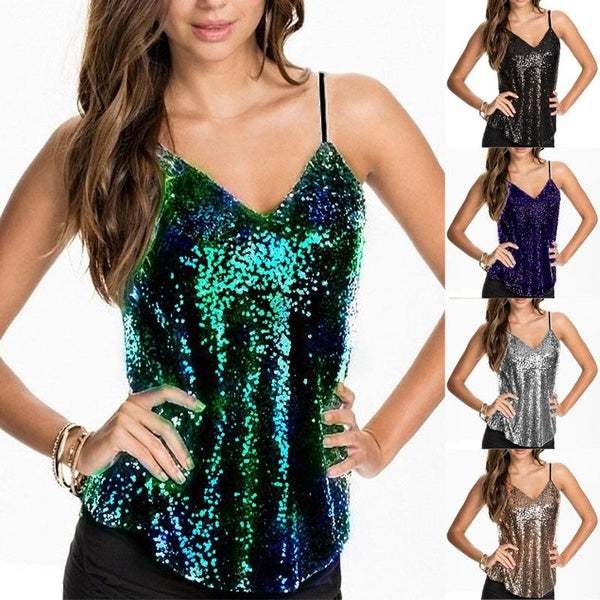 Women V-neck Sleeveless Backless Tank Tops Sparkle All Over Sequin Tops