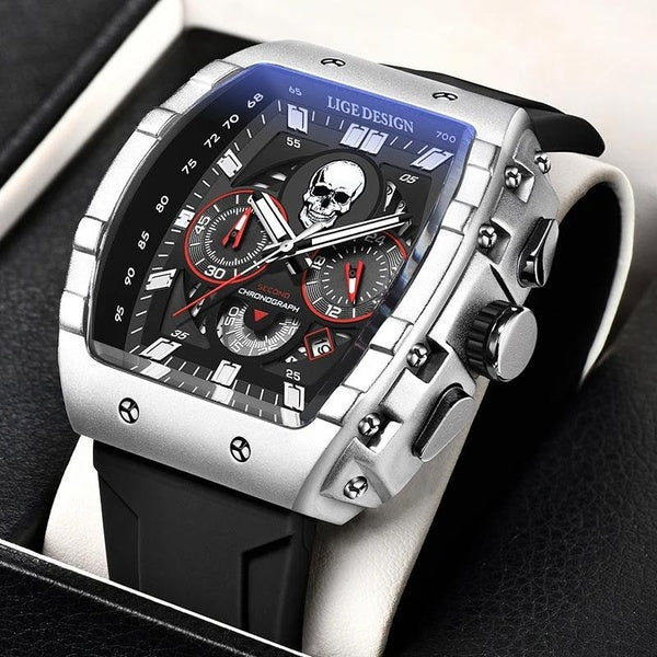 2024 LIGE Marque Montre Hommes Squelette Crâne Cadran Sport Armée Montres Hommes Mode Luxe Étanche Montre À Quartz Chronographe Montre Homme