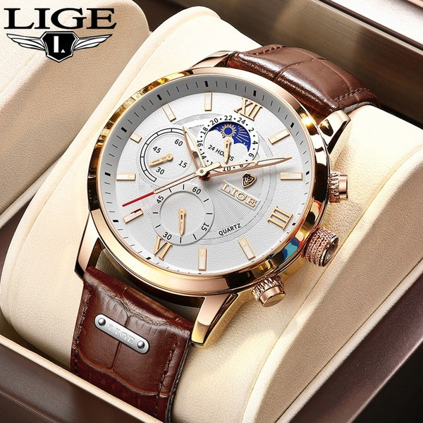 LIGE Hommes Montres Chronographe Date Étanche Montres De Sport Bracelet En Cuir Montres D'affaires Montre Homme Horloge Hommes Montre À Quartz Relogi