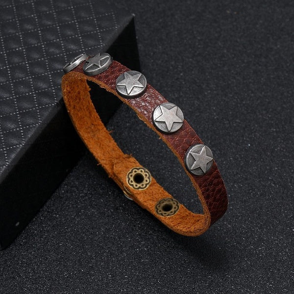 New Punk Mens Leather Bracelet Vintage Silver Viking Braslet 5 Stars Hiphop Rock Bangle For Hombre Boyfriend Braclet Leisure Accessories Matron Inn