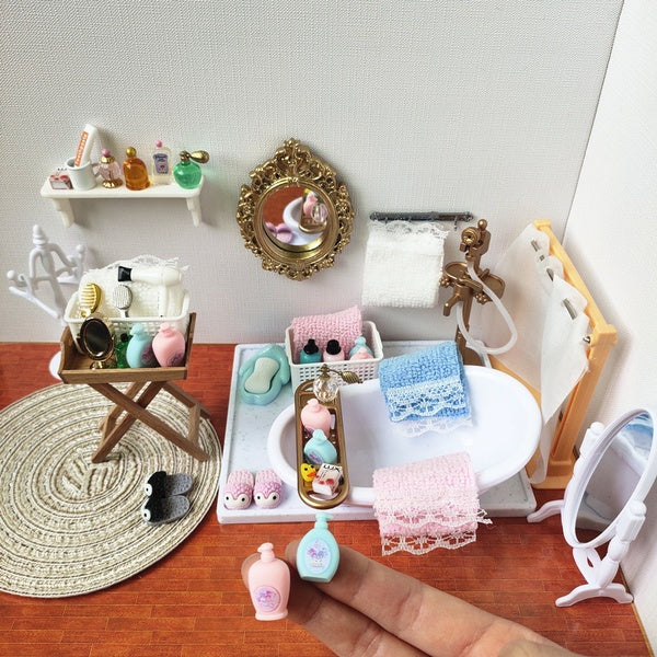 Dollhouse Bathroom Mini Towel-Shampoo-Soap-Toothpaste-Slippers-Hair Dryer Mini Mirror 1:12 Scale Miniatures Collection Kids Toy