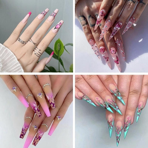 Long Stiletto False Nails With Glue Leopard Print French Reusable Fake Nails Pink Butterfly Cloud Rhinestones Design Acrylic Detachable Nail Art Tips
