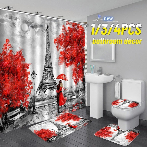 Eiffel Tower Fashion Shower Curtain Bathroom Set Waterproof Shower Curtain Toilet Cover Set Anti-Slip Absorbent Floor Mat 1-3-4PCS