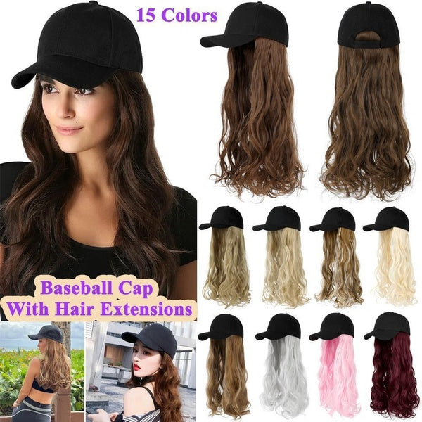 Baseball Cap with Hair Extensions for Women Girls Hats with Hair More Than 10 Colors Long Synthetic Wavy Hair Extensions with Hat Attached for Travel