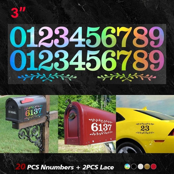 23PCS 3" 0~9 Number & Lace Self Adhesive Vinyl Decal Reflective Stickers for Car Zip Code Mobile Phone House Number
