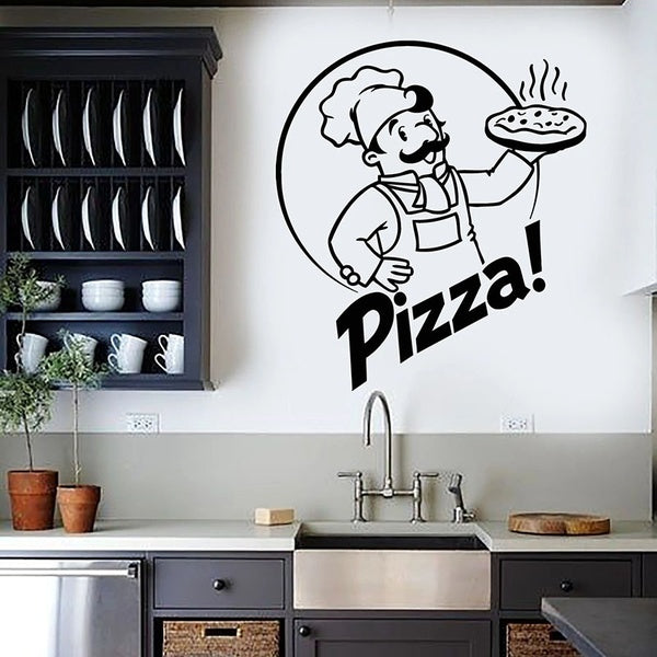 Cartoon Chef Wall Decal Pizzeria Pizza Restaurant Kitchen Interior Decor Italian Food Tasty Menu Vinyl Stickers Art Mural.