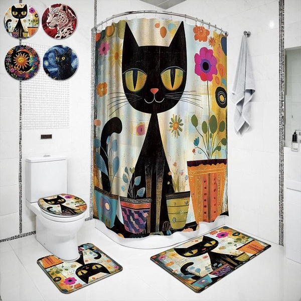 1pc-3pcs-4pcs Animal Cat Print Waterproof Shower Curtain Non-slip Bath Mat Toilet Seat Cover Mat Pedestal Rug Bathroom Set Decoration Home Decor