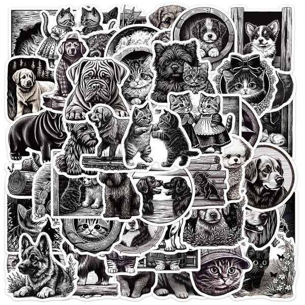 10-50Pcs Black and White Art Animal Stickers Black and White Cat and Dog Retro Art Graffiti Stickers for DIY Luggage Laptop Skateboard Motorcycle Bic