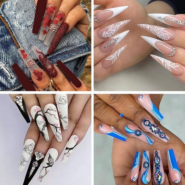 24Pcs Red Maple Leaf Fake Nails Blue Eyes Removable False Nails White Rose with Diamond Ballet Coffin Artificial Pess on Nails Full Cover Nail Tips