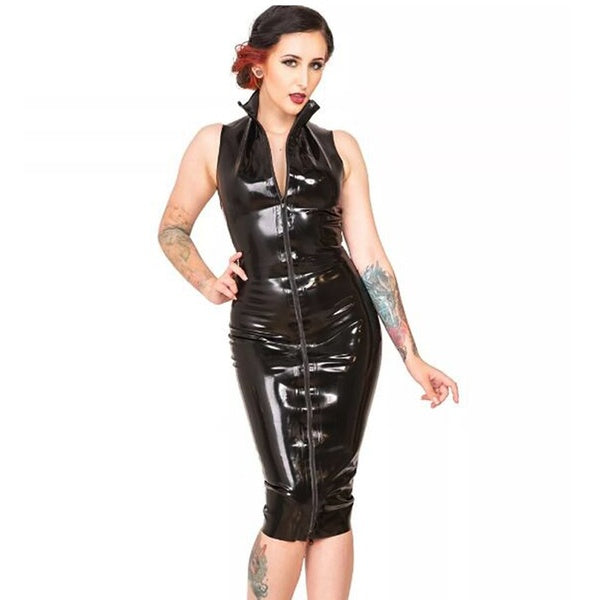 Grande taille gothique avant bidirectionnelle fermeture éclair PVC longue robe femmes charmant sans manches col roulé robe mi-longue Wetlook discothè