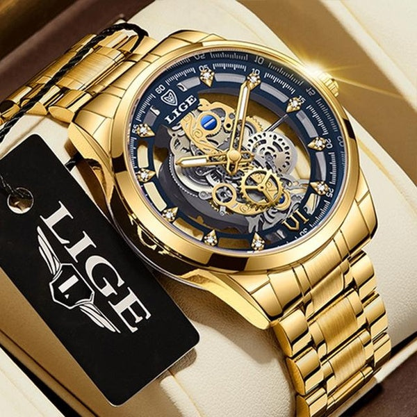 LIGE Newest Men Watch Skeleton Design Quartz Clock Gold Retro Mens Dress Watches Fashion Casual Wristwatch Uhren Herren Montre Homme