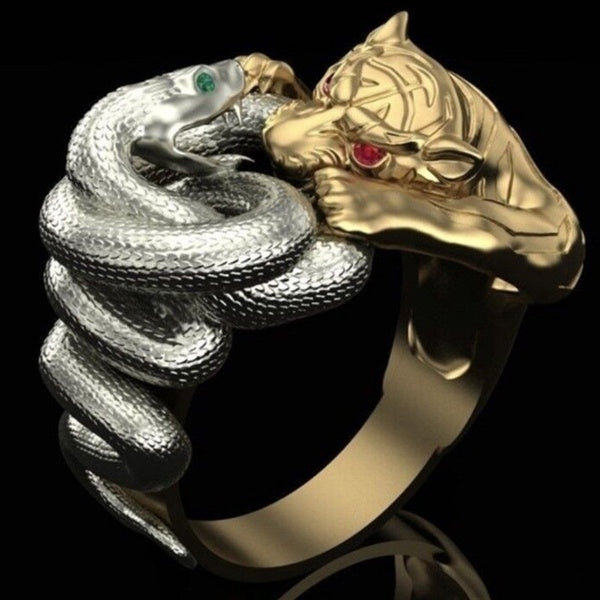 Creative Gifts Gold & Silver Rings Snake Panther Battle Punk Ring Men's Hip Hop Stainless Steel Party Jewelry