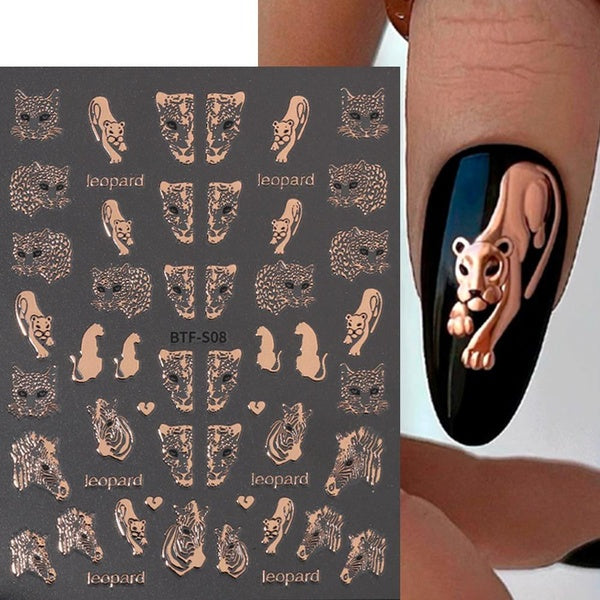 3D Leopard Nail Sticker Tiger Zebra Wild Animal Print Foils Gold Bronzing Sliders For Nails Winter Decoration Manicure