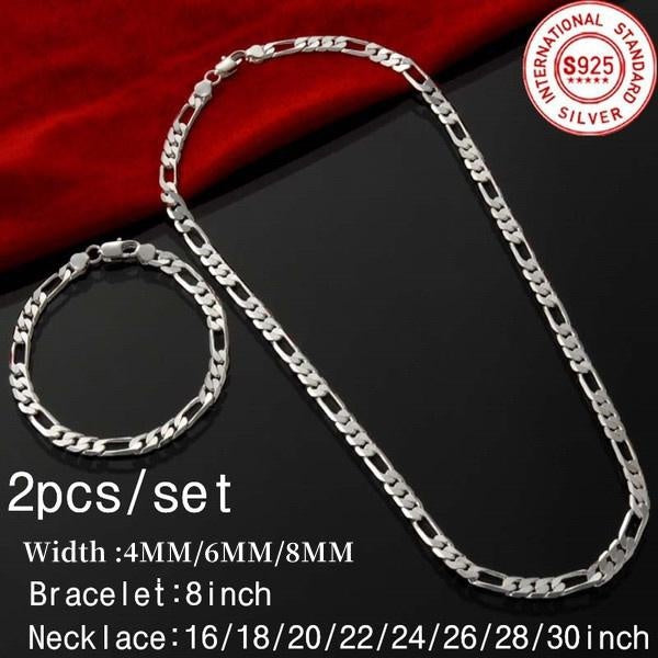 2pcs-Set(Bracelet+Necklace) 925 Sterling Silver Charms Men Women Figaro Curb Lobster Clasps Link Chain Bracelet and Necklace Fashion Exquisite Jewelr